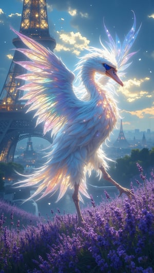 An ethereal creature known as **Lumière des Rêves** gracefully glides over a serene landscape in France, resembling a luminescent swan with delicate, translucent wings that shimmer in a spectrum of pastel colors. Its intricately patterned feathers reflect the artistry of French fashion, glimmering like fine silk in the soft light of a Parisian evening. Deep pools of midnight blue shine in its wise, serene eyes, while a soft, glowing aura surrounds it, casting a warm light that illuminates the enchanting scenery. In the background, iconic landmarks like the Eiffel Tower and the lavender fields of Provence blend seamlessly into a dreamlike atmosphere, embodying the romantic allure and artistic spirit of France. The scene is filled with a sense of tranquility and creativity, capturing the essence of the country’s rich history and natural beauty.