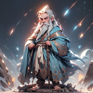 Cinematic art featuring Gandalf in a moment of profound wisdom, standing atop a tower with a panoramic view of Middle-earth. His imposing figure is silhouetted against a twilight sky, with stars and the glow of distant cities. The long, flowing robes and wide-brimmed hat create a majestic silhouette, emphasizing Gandalf's timeless wisdom.
