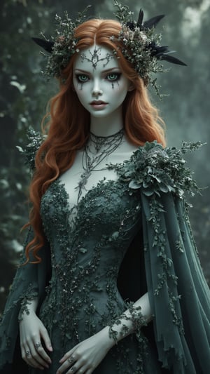 Create an ultra-realistic, highly detailed digital artwork in the style of James Wan, depicting a hauntingly beautiful female figure named 'Lady Banshee of the Moors,' representing the United Kingdom in a Halloween-themed costume. She has a pale, ethereal complexion and long, wavy auburn hair cascading down her back, intertwined with wildflowers and heather. Her piercing green eyes glimmer with sorrow and wisdom, while her expression carries an air of melancholy. Lady Banshee wears a gown made from layers of sheer, flowing fabric in muted shades of gray and deep green, with an intricately adorned bodice featuring lace and velvet embellished with motifs of ravens and thistles. Over her shoulders, she drapes a long, tattered cloak that billows like mist, lined with silver thread, embroidered with scenes from British folklore. Atop her head is a delicate hairpiece shaped like a raven in flight, crafted from dark feathers and sparkling gemstones. She wears layered silver necklaces and rings featuring Celtic designs, connecting her to ancient British history. Surrounding her are faint, shimmering silhouettes of legendary figures from British folklore, creating an enchanting atmosphere. As she moves, soft, haunting melodies fill the air, echoing tales of lost love and ancient legends, with the scent of damp earth and wildflowers enhancing the mystical ambiance. Lady Banshee possesses the ability to summon winds, creating a soft, mournful wail that serves as a warning to travelers, embodying the spirit of the moors as a guardian of ancient stories and lost souls.