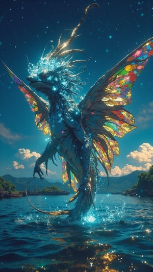 Create an ultra-realistic, extremely detailed digital artwork of **Nyamitala**, a mythical creature representing Malawi, inspired by the style of Zack Snyder. Nyamitala is a majestic, water-dwelling being that combines the elegance of a fish with the grace of a water bird. Its sleek, elongated body is covered in iridescent scales that shimmer with vibrant colors, reflecting the azure blues and sparkling silvers of Lake Malawi, often referred to as the "Lake of Stars." The creature’s delicate fins resemble intricate wings, adorned with patterns inspired by traditional Malawian textiles, showcasing a tapestry of rich colors and designs. Nyamitala has large, luminous eyes that glow softly, illuminating its surroundings as it gracefully navigates through the depths of the lake. The backdrop features the stunning landscape of Lake Malawi, with its crystal-clear waters and lush, green shores, dotted with traditional fishing boats. Above, a starry sky twinkles, casting a magical glow over the scene, enhancing the enchanting presence of Nyamitala. The entire image captures the essence of Malawi’s natural beauty and cultural richness, portraying Nyamitala as a powerful guardian of the lake and a symbol of unity among its people.