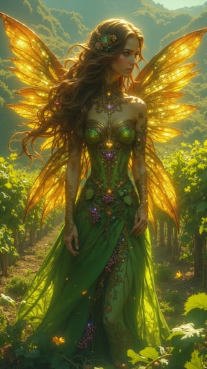 Create an ultra-realistic, extremely detailed digital art image in the style of Zack Snyder, depicting Zână a Viilor, the Fairy of the Vines representing Moldova. Zână a Viilor appears as an enchanting humanoid figure with warm, earthy-toned skin adorned with intricate patterns resembling grapevines and leaves. Her long hair flows like cascading tendrils of green and gold, decorated with tiny, luminescent flowers and shimmering grapes. She wears a flowing, translucent dress that changes colors with the seasons, reflecting the vibrant hues of vineyards throughout the year. Her delicate wings resemble grapevine leaves, veined with gold and silver, giving her an ethereal appearance. The background showcases Moldova's picturesque vineyards, with lush grapevines stretching across rolling hills, bathed in soft, magical light that highlights the fairy’s enchanting presence and the beauty of the land she protects.