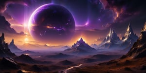 A massive, purple yet sinister planet looming ominously in the foreground, its surface dominated by twisted, jagged mountain ranges that seem to writhe and undulate like a living entity. Dark, foreboding clouds encircle the planet, obscuring any signs of life or light. The air is thick with an eerie purple haze that casts everything in a dim, unsettling glow. In the background, a menacing purple sun hangs low in the sky, its light barely penetrating the thick atmosphere. The planet's surface appears to be covered in a layer of fine, iridescent dust that shifts and dances in the unseen winds, giving the entire scene a surreal, otherworldly quality. The image is framed by a strange, metallic looking frame, cold and unyielding, adding to the sense of foreboding and malevolence that permeates the entire scene., (Oil painting) (by Jean-François Millet), (by Gustave Courbet) , (by Jules Breton), close up, dark fantasy, ,Renaissance Sci-Fi Fantasy