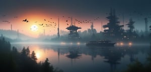 The city of the future,Mechanical punk, dark, night, wild foggy forest, sunset, with birds over lake