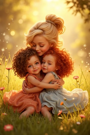 Warm golden light bathes three sisters embracing in a lush meadow, as Ink art style brings forth the whimsical tale. Eldest sister's ponytail-bound blonde locks cradle her siblings, middle sister's curly brown tresses gazing up at big sis with adoration. Youngest sister's messy red hair mirthfully unravels from embrace, sparkling blue eyes mischievously twinkling. Framed by sun-kissed wildflowers, the trio radiates joy, as K4yd3nkr00s woman infuses this tender moment with her unique, mystical brushstrokes.,k4yd3nkr00s woman