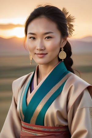 A Mongolian woman in her early twenties, standing confidently with a subtle smile, dressed in traditional clothing and accessories, against a warm sunset background with rolling hills and vast steppe landscape. The lighting is soft and golden, casting a flattering glow on her features. Her eyes sparkle with a hint of mischief, as she looks directly at the camera.