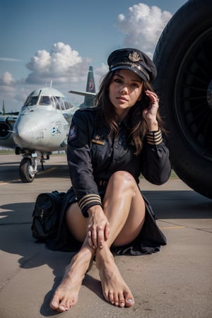 exquisite facial features,prefect face,masterpiece,best quality,official art, extremely detailed CG unity 8k wallpaper,1girl, solo, skirt, brown hair, hat, sitting, sky, barefoot, cloud, uniform, english text, military, cover, aircraft, salute, airplane, vehicle focus, sailor, propeller, pilot,Masterpiece