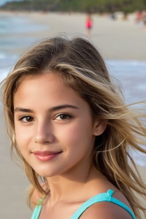 Mujer joven con rostro infantil lista para ir a la playa 
