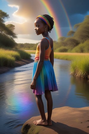 A vibrant, swirling rainbow arcs across the sky as an African girl with piercing blue eyes gazes out at the gentle river's edge. She stands on the weathered riverbank, her dark skin glowing in the warm sunlight. The water's calm surface reflects the colorful spectrum above, creating a stunning visual harmony.
