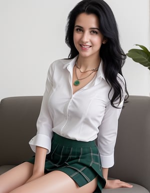 a girl like katrina kaif having black hair and good 4kquality realistic. collarbone, necklace, school uniform, green necktie, collared shirt, white shirt, sleeves rolled up, pleated skirt, plaid skirt, , reaching out, sitting on sofa, sky, standing, smile. giving pose. camera professional photography
elegent, and confident .single body picture
