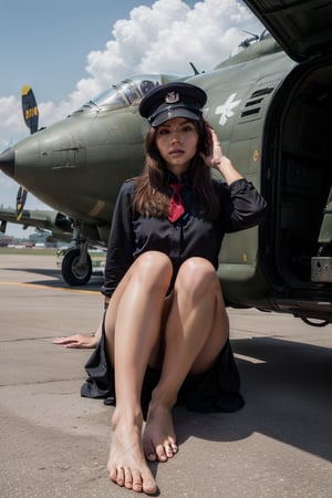 exquisite facial features,prefect face,masterpiece,best quality,official art, extremely detailed CG unity 8k wallpaper,1girl, solo, skirt, brown hair, hat, sitting, sky, barefoot, cloud, uniform, english text, military, cover, aircraft, salute, airplane, vehicle focus, sailor, propeller, pilot,Masterpiece