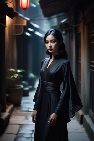 A mysterious young Vietnamese girl stands tall in a dimly lit alleyway, surrounded by shadows that accentuate the drama of her outfit. Her raven-black hair cascades down her face like a veil, while her porcelain skin glows softly in the faint light. The gothic-inspired dress billows behind her, its flowing folds emphasizing her curves as she confidently gazes directly into the camera lens, her bold dark eye makeup and subtle smoky eye adding an air of mystique.