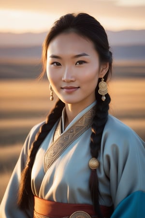 A Mongolian woman in her early twenties, standing confidently with a subtle smile, dressed in traditional clothing and accessories, against a warm sunset background with rolling hills and vast steppe landscape. The lighting is soft and golden, casting a flattering glow on her features. Her eyes sparkle with a hint of mischief, as she looks directly at the camera.