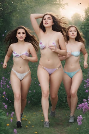 Three girls running in a meadow full of butterflies photos high resolution high texture,Masterpiece, the meadow is full of very beautiful flowers and plants,Illustration,no_clothes,nudes, nudity,naked
