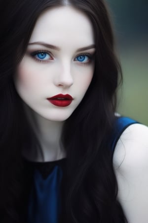 Gothic girl with very white pale skin, red lips and dark brown hair, blue eyes, she comes from Argentina and is very beautiful
