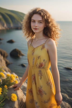 A serene summer evening in Romania. A Rumanian girl, with pale skin and curly brown hair, stands on a rocky coastline, wearing a bright yellow sundress that complements the vibrant flowers surrounding her. She gazes out at the calm sea, her arms relaxed by her sides. The warm sunlight casts a gentle glow, accentuating the soft features of her face.