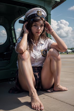 exquisite facial features,prefect face,masterpiece,best quality,official art, extremely detailed CG unity 8k wallpaper,1girl, solo, skirt,open legs brown hair, hat, sitting, sky, barefoot, cloud, uniform, english text, military, cover, aircraft, salute, airplane, vehicle focus, sailor, propeller, pilot,Masterpiece