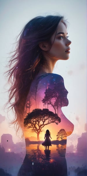 Silhouette of a girl in a scenery of a magical world, fantastic scenery of another world, close-up, double exposure, white background, vibrant colors, real life