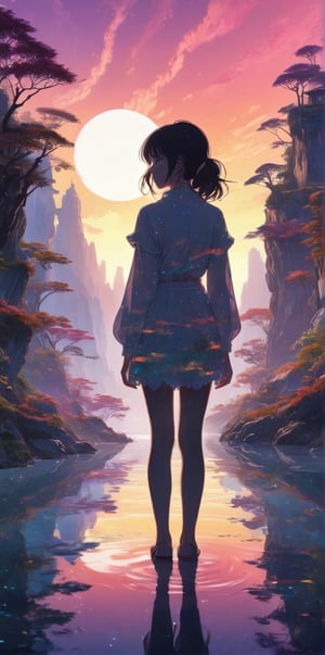 Silhouette of a girl in a scenery of a magical world, fantastic scenery of another world, close-up, double exposure, white background, vibrant colors, Studio Ghibli, StdGBRedmAF, lineart