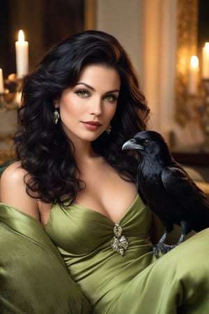 majestic woman, around 40 years old, sits poised on a plush couch, bathed in soft candlelight that casts a warm glow on her features. Ornate furnishings and rich textures create a luxurious atmosphere. Her raven hair, like a waterfall of night, cascades down her back, framing her porcelain skin and piercing green eyes that sparkle with quiet confidence. A subtle smile plays on her lips as she gazes out at the viewer with an air of elegance and poise.
