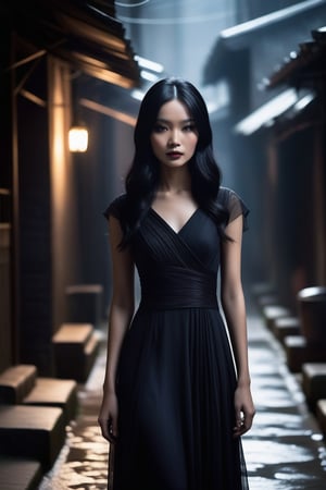 A mysterious young Vietnamese girl stands tall in a dimly lit alleyway, surrounded by shadows that accentuate the drama of her outfit. Her raven-black hair cascades down her face like a veil, while her porcelain skin glows softly in the faint light. The gothic-inspired dress billows behind her, its flowing folds emphasizing her curves as she confidently gazes directly into the camera lens, her bold dark eye makeup and subtle smoky eye adding an air of mystique.