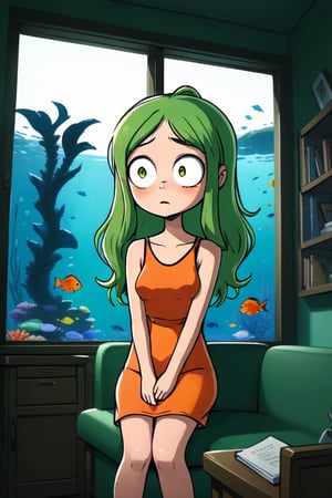 a green twintail girl in orange dress is sitting on the sofa while a messy desk in under a big window on the left, while a lively aquarium is on the top right of the soga, ultra realistic style


,SFW,cartoon ,cheap cartoon