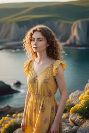 A serene summer evening in Romania. A Rumanian girl, with pale skin and curly brown hair, stands on a rocky coastline, wearing a bright yellow sundress that complements the vibrant flowers surrounding her. She gazes out at the calm sea, her arms relaxed by her sides. The warm sunlight casts a gentle glow, accentuating the soft features of her face.