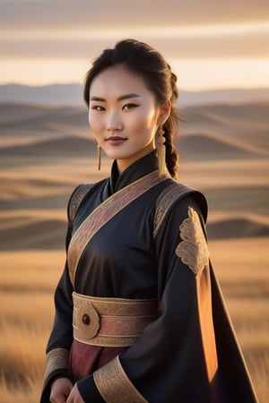 A Mongolian woman in her early twenties, standing confidently with a subtle smile,gothic makeup ,dressed in traditional clothing and accessories, against a warm sunset background with rolling hills and vast steppe landscape. The lighting is soft and golden, casting a flattering glow on her features. Her eyes sparkle with a hint of mischief, as she looks directly at the camera.