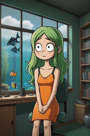 a green twintail girl in orange dress is sitting on the sofa while a messy desk in under a big window on the left, while a lively aquarium is on the top right of the soga, ultra realistic style


,SFW,cartoon ,cheap cartoon