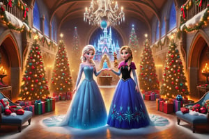 Elsa and Ana in their frozen castles with lots of Christmas decorations