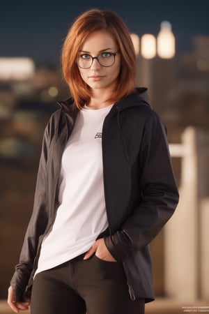 a 20 yo woman, ginger long hair, wearing glasses, dark theme, black_clothing, soothing tones, muted colors, high contrast, (natural skin texture, hyperrealism, soft light, sharp), blue, background, night background, shine, (((urban techwear))), techwear:1.4,(((prompto argentum))), ffxiv:1.4, detailed_hand:1.3