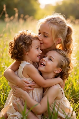 A warm and cozy snapshot captures three sisters embracing in a sun-drenched meadow. The eldest sister, her long blonde hair tied back in a ponytail, wraps her arms around her siblings. Her middle sister, with curly brown locks, gazes up at her big sister with a look of adoration. The youngest, with a mop of messy red hair, giggles and squirms free from the embrace, her bright blue eyes sparkling with mischief. Soft afternoon light casts a warm glow on their smiling faces as they bask in each other's company.