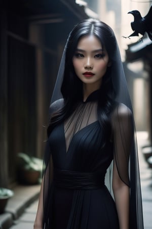 A mysterious young Vietnamese girl stands tall in a dimly lit alleyway, surrounded by shadows that accentuate the drama of her outfit. Her raven-black hair cascades down her face like a veil, while her porcelain skin glows softly in the faint light. The gothic-inspired dress billows behind her, its flowing folds emphasizing her curves as she confidently gazes directly into the camera lens, her bold dark eye makeup and subtle smoky eye adding an air of mystique.