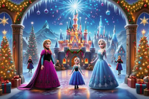 Elsa and Ana in their frozen castles with lots of Christmas decorations