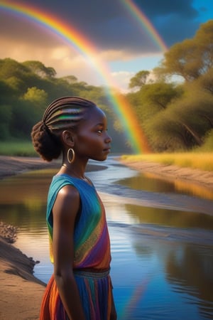 A vibrant, swirling rainbow arcs across the sky as an African girl with piercing blue eyes gazes out at the gentle river's edge. She stands on the weathered riverbank, her dark skin glowing in the warm sunlight. The water's calm surface reflects the colorful spectrum above, creating a stunning visual harmony.