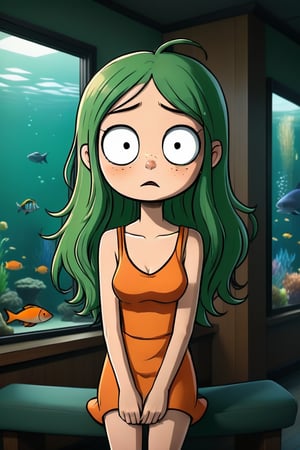 a green twintail girl in orange dress is sitting on the sofa while a messy desk in under a big window on the left, while a lively aquarium is on the top right of the soga, ultra realistic style


,SFW,cartoon ,cheap cartoon