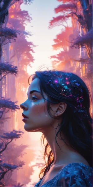 Silhouette of a girl in a scenery of a magical world, fantastic scenery of another world, close-up, double exposure, white background, vibrant colors, real life