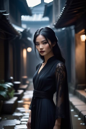 A mysterious young Vietnamese girl stands tall in a dimly lit alleyway, surrounded by shadows that accentuate the drama of her outfit. Her raven-black hair cascades down her face like a veil, while her porcelain skin glows softly in the faint light. The gothic-inspired dress billows behind her, its flowing folds emphasizing her curves as she confidently gazes directly into the camera lens, her bold dark eye makeup and subtle smoky eye adding an air of mystique.