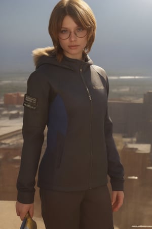 a 20 yo woman, ginger long hair, wearing glasses, dark theme, black_clothing, soothing tones, muted colors, high contrast, (natural skin texture, hyperrealism, soft light, sharp), blue, background, night background, shine, (((urban techwear))), techwear:1.4,(((prompto argentum))), ffxiv:1.4, detailed_hand:1.3