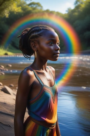 A vibrant, swirling rainbow arcs across the sky as an African girl with piercing blue eyes gazes out at the gentle river's edge. She stands on the weathered riverbank, her dark skin glowing in the warm sunlight. The water's calm surface reflects the colorful spectrum above, creating a stunning visual harmony.