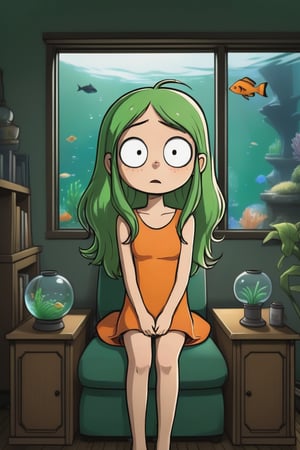 a green twintail girl in orange dress is sitting on the sofa while a messy desk in under a big window on the left, while a lively aquarium is on the top right of the soga, ultra realistic style


,SFW,cartoon ,cheap cartoon