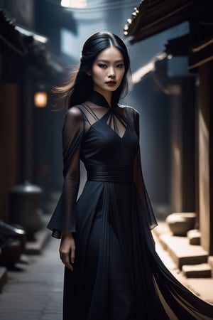 A mysterious young Vietnamese girl stands tall in a dimly lit alleyway, surrounded by shadows that accentuate the drama of her outfit. Her raven-black hair cascades down her face like a veil, while her porcelain skin glows softly in the faint light. The gothic-inspired dress billows behind her, its flowing folds emphasizing her curves as she confidently gazes directly into the camera lens, her bold dark eye makeup and subtle smoky eye adding an air of mystique.