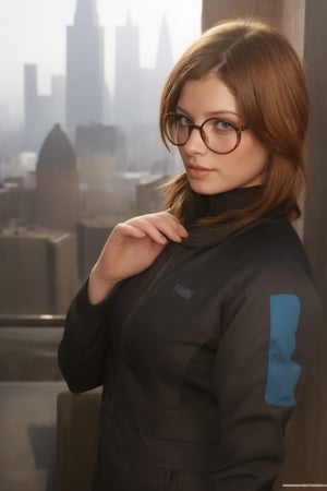 a 20 yo woman, ginger long hair, wearing glasses, dark theme, black_clothing, soothing tones, muted colors, high contrast, (natural skin texture, hyperrealism, soft light, sharp), blue, background, night background, shine, (((urban techwear))), techwear:1.4,(((prompto argentum))), ffxiv:1.4, detailed_hand:1.3