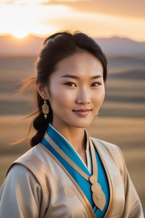 A Mongolian woman in her early twenties, standing confidently with a subtle smile, dressed in traditional clothing and accessories, against a warm sunset background with rolling hills and vast steppe landscape. The lighting is soft and golden, casting a flattering glow on her features. Her eyes sparkle with a hint of mischief, as she looks directly at the camera.