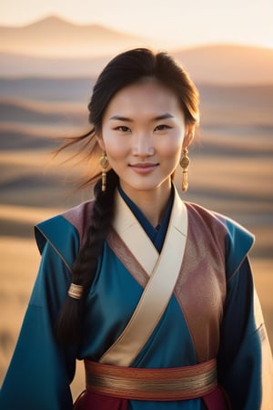 A Mongolian woman in her early twenties, standing confidently with a subtle smile, dressed in traditional clothing and accessories, against a warm sunset background with rolling hills and vast steppe landscape. The lighting is soft and golden, casting a flattering glow on her features. Her eyes sparkle with a hint of mischief, as she looks directly at the camera.
