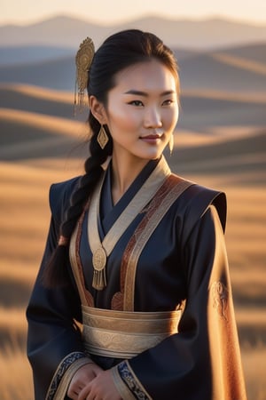 A Mongolian woman in her early twenties, standing confidently with a subtle smile,gothic makeup ,dressed in traditional clothing and accessories, against a warm sunset background with rolling hills and vast steppe landscape. The lighting is soft and golden, casting a flattering glow on her features. Her eyes sparkle with a hint of mischief, as she looks directly at the camera.