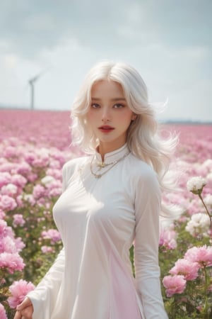 (masterpiece, best quality, niji style), (realistic, octane render, lot of details:6.3),
(full body photo :4.3), beautiful woman, korean woman, looking at the camera, (photo from head to toe:3.5),

(70s retro hairstyle:4.5),

clothing; ao dai vietnam, white ao dai, white dress, white clothings, 

long white pink pastel wavy hair, (white hair:3.5), brown eyes, beautiful eyes, closed mouth, The girl is tall and looks like a beauty queen,

hair blowing in the wind, small flower petals flying in the wind, flower petals flying in front of the girl,

(background is pink flower field of australia:1.1),

cinematic film still an awarded profesional photo of Leafwhisper, ideal body posture, perfect body proportions, hyperrealistic art, extremely high-resolution details, photographic, realism pushed to extreme, fine texture, incredibly lifelike,

different posture, up arms, ((arms up)), crazy mad aggressive face and eyes, fantasy, concept art, arms up, jump up, hands touch softly her face, (Both hands lift both tits:2.1),LinkGirl,aotac