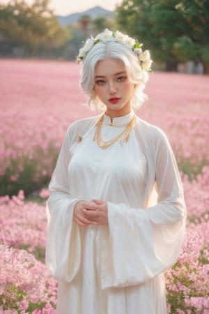 (masterpiece, best quality, niji style), (realistic, octane render, lot of details:6.3),
(full body photo :4.3), beautiful woman, korean woman, looking at the camera, (photo from head to toe:3.5),

(70s retro hairstyle:4.5),

clothing; ao dai vietnam, white ao dai, white dress, white clothings, 

long white pink pastel wavy hair, (white hair:3.5), brown eyes, beautiful eyes, closed mouth, The girl is tall and looks like a beauty queen,

hair blowing in the wind, small flower petals flying in the wind, flower petals flying in front of the girl,

(background is pink flower field of australia:1.1),

cinematic film still an awarded profesional photo of Leafwhisper, ideal body posture, perfect body proportions, hyperrealistic art, extremely high-resolution details, photographic, realism pushed to extreme, fine texture, incredibly lifelike,

different posture, up arms, ((arms up)), crazy mad aggressive face and eyes, fantasy, concept art, arms up, jump up, hands touch softly her face, (Both hands lift both tits:2.1),LinkGirl,aotac