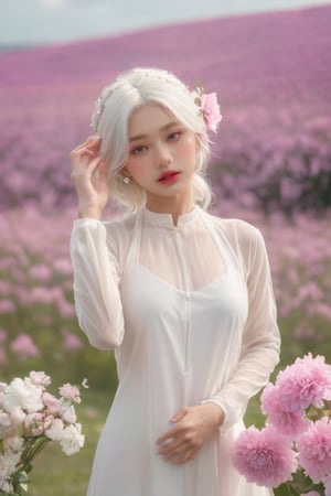 (masterpiece, best quality, niji style), (realistic, octane render, lot of details:6.3),
(full body photo :4.3), beautiful woman, korean woman, looking at the camera,

70s retro hairstyle,

clothing; ao dai vietnam, white ao dai, white dress, white clothings, 

long white pink pastel wavy hair, (white pink hair:3.5), brown eyes, beautiful eyes, closed mouth, The girl is tall and looks like a beauty queen,

hair blowing in the wind, small flower petals flying in the wind, flower petals flying in front of the girl,

(background is pink flower field of australia:1.1),

cinematic film still an awarded profesional photo of Leafwhisper, ideal body posture, perfect body proportions, hyperrealistic art, extremely high-resolution details, photographic, realism pushed to extreme, fine texture, incredibly lifelike,

different posture, up arms, ((arms up)), crazy mad aggressive face and eyes, fantasy, concept art, arms up, jump up, hands touch softly her face, (Both hands lift both tits:2.1),LinkGirl,aotac