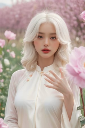 (masterpiece, best quality, niji style), (realistic, octane render, lot of details:6.3),
(full body photo :4.3), beautiful woman, korean woman, looking at the camera, (photo from head to toe:3.5),

(70s retro hairstyle:4.5),

clothing; ao dai vietnam, white ao dai, white dress, white clothings, 

long white pink pastel wavy hair, (white hair:3.5), brown eyes, beautiful eyes, closed mouth, The girl is tall and looks like a beauty queen,

hair blowing in the wind, small flower petals flying in the wind, flower petals flying in front of the girl,

(background is pink flower field of australia:1.1),

cinematic film still an awarded profesional photo of Leafwhisper, ideal body posture, perfect body proportions, hyperrealistic art, extremely high-resolution details, photographic, realism pushed to extreme, fine texture, incredibly lifelike,

different posture, up arms, ((arms up)), crazy mad aggressive face and eyes, fantasy, concept art, arms up, jump up, hands touch softly her face, (Both hands lift both tits:2.1),LinkGirl,aotac