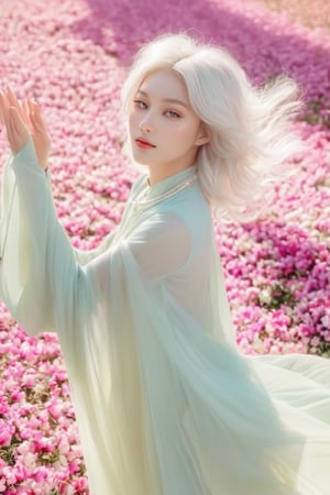 (masterpiece, best quality, niji style), (realistic, octane render, lot of details:6.3),
(full body photo :4.3), beautiful woman, korean woman, looking at the camera, (photo from head to toe:3.5),

(70s retro hairstyle:4.5),

clothing; ao dai vietnam, white ao dai, white dress, white clothings, 

long white pink pastel wavy hair, (white hair:3.5), brown eyes, beautiful eyes, closed mouth, The girl is tall and looks like a beauty queen,

hair blowing in the wind, small flower petals flying in the wind, flower petals flying in front of the girl,

(background is pink flower field of australia:1.1),

cinematic film still an awarded profesional photo of Leafwhisper, ideal body posture, perfect body proportions, hyperrealistic art, extremely high-resolution details, photographic, realism pushed to extreme, fine texture, incredibly lifelike,

different posture, up arms, ((arms up)), crazy mad aggressive face and eyes, fantasy, concept art, arms up, jump up, hands touch softly her face, (Both hands lift both tits:2.1),LinkGirl,aotac,xxmix_girl